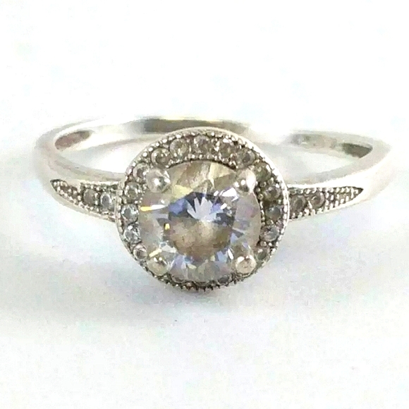 VINTAGE STERLING SILVER HALO ENGAGEMENT RING 6.75 - Picture 1 of 6